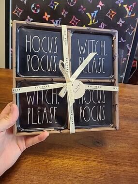 Rae Dunn Black Halloween Coasters - HOCUS POCUS, WITCH PLEASE Set of 4
